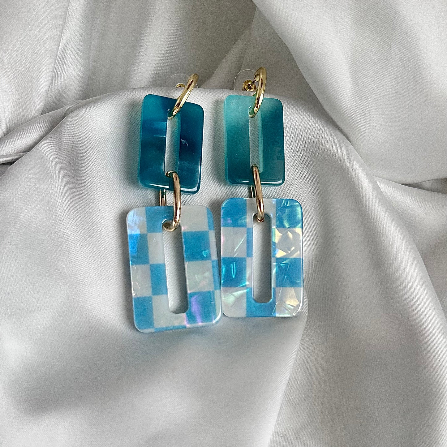 Rectangular and light chess resin earrings