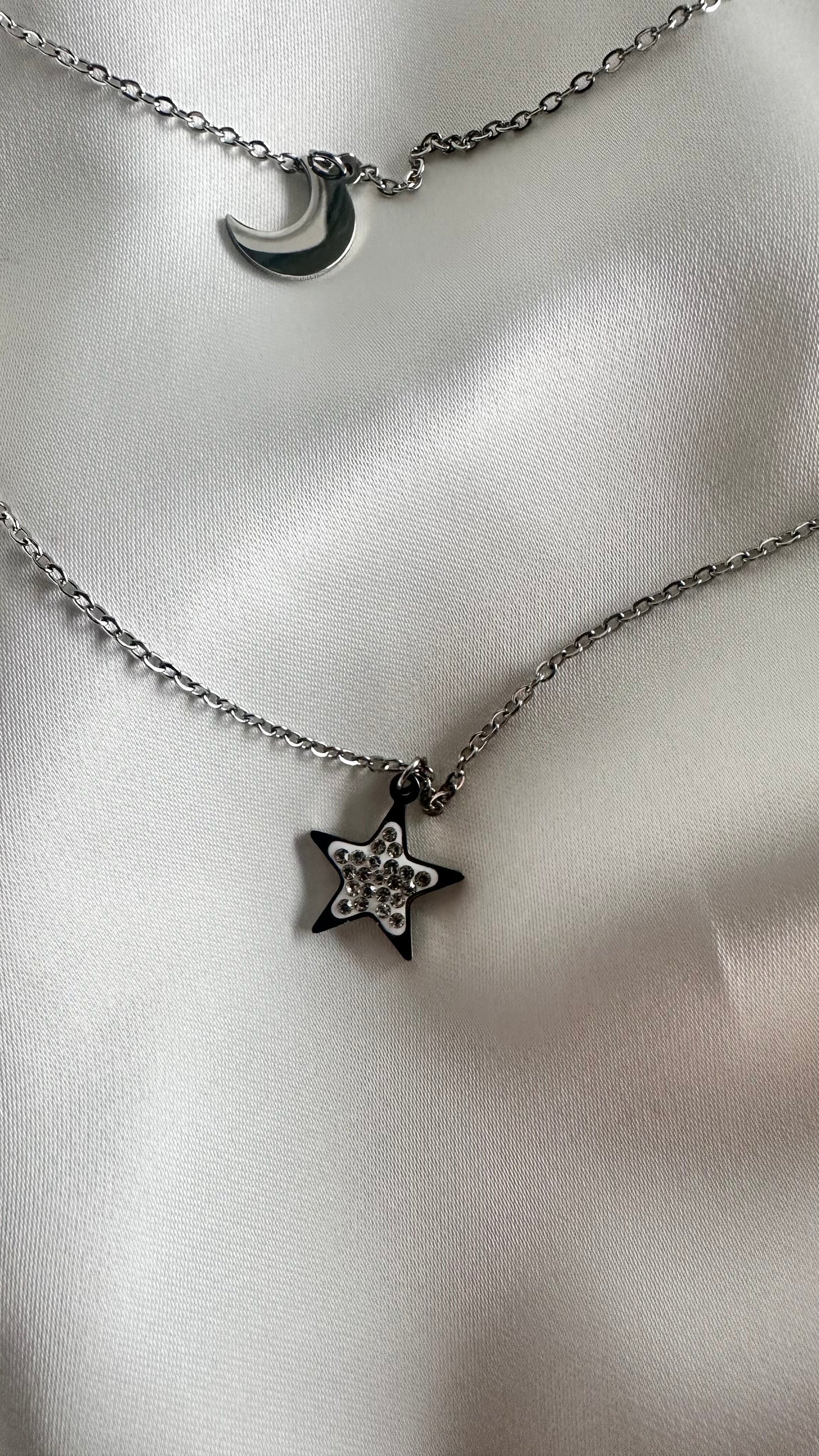 2-Strand Moon and Star Necklace with Silver Plated Glitter
