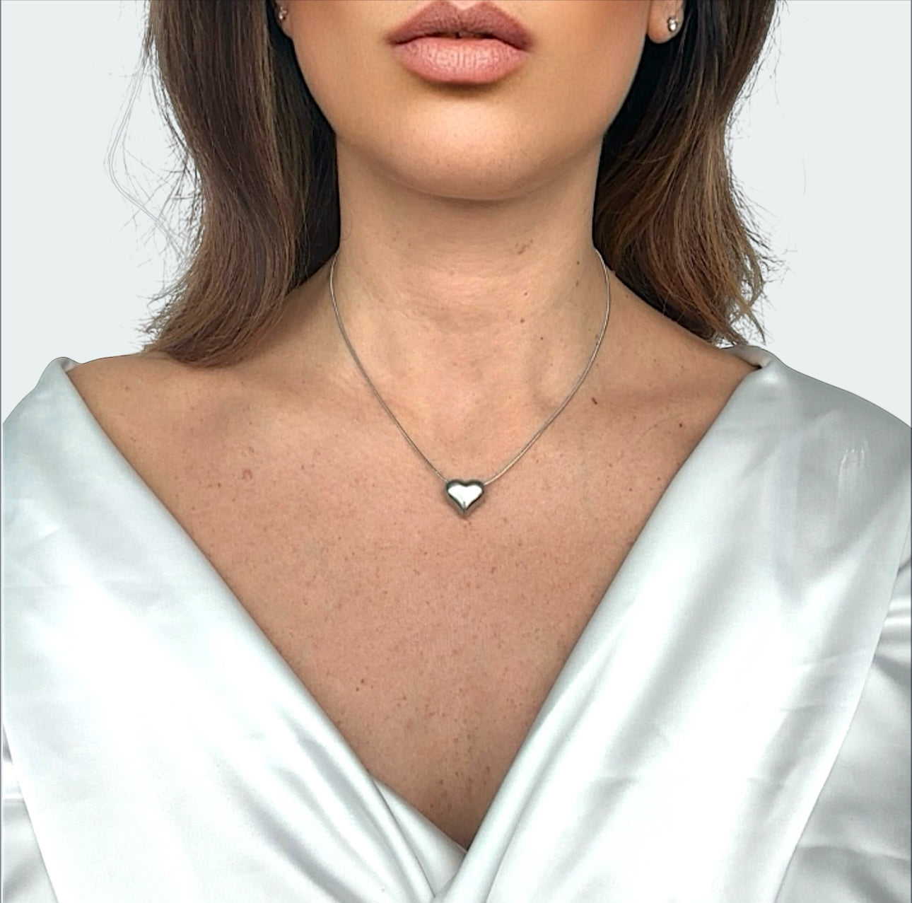 Collana coda di topo con cuoricino in 3 D placcato argento