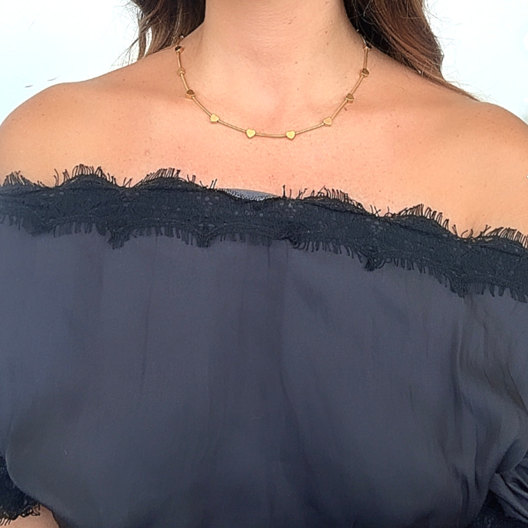 Gold Plated Mouse Tail Steel Necklace with Hearts