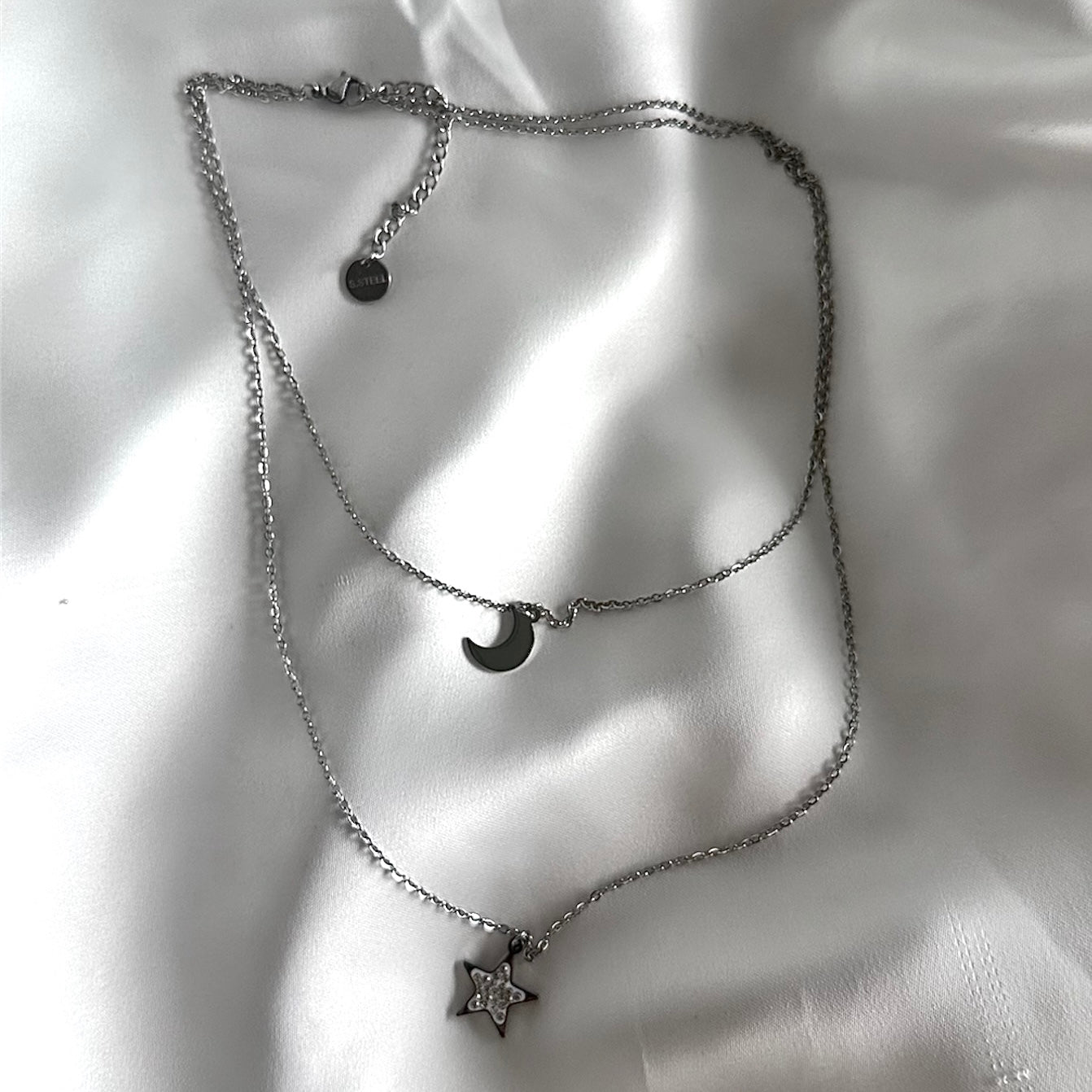 2-Strand Moon and Star Necklace with Silver Plated Glitter