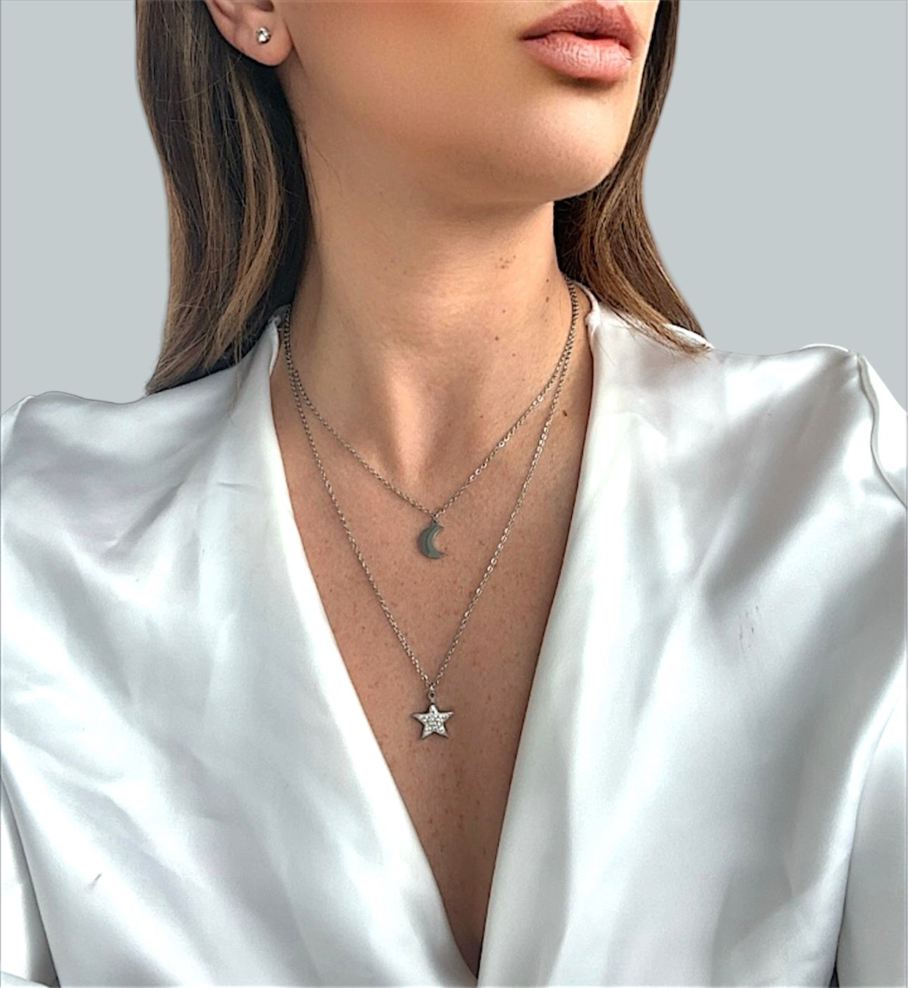 2-Strand Moon and Star Necklace with Silver Plated Glitter