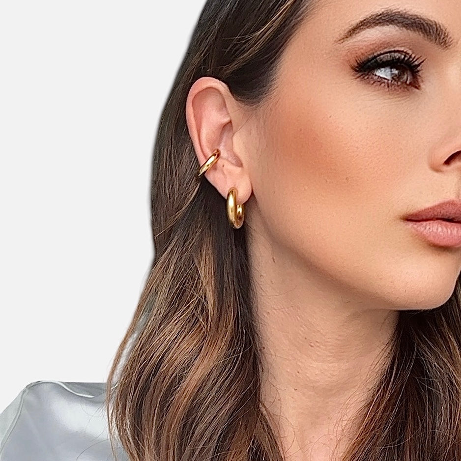 .Orecchini Ear Cuff Cerchio 3D in Acciaio - Placcato Oro 20 mm