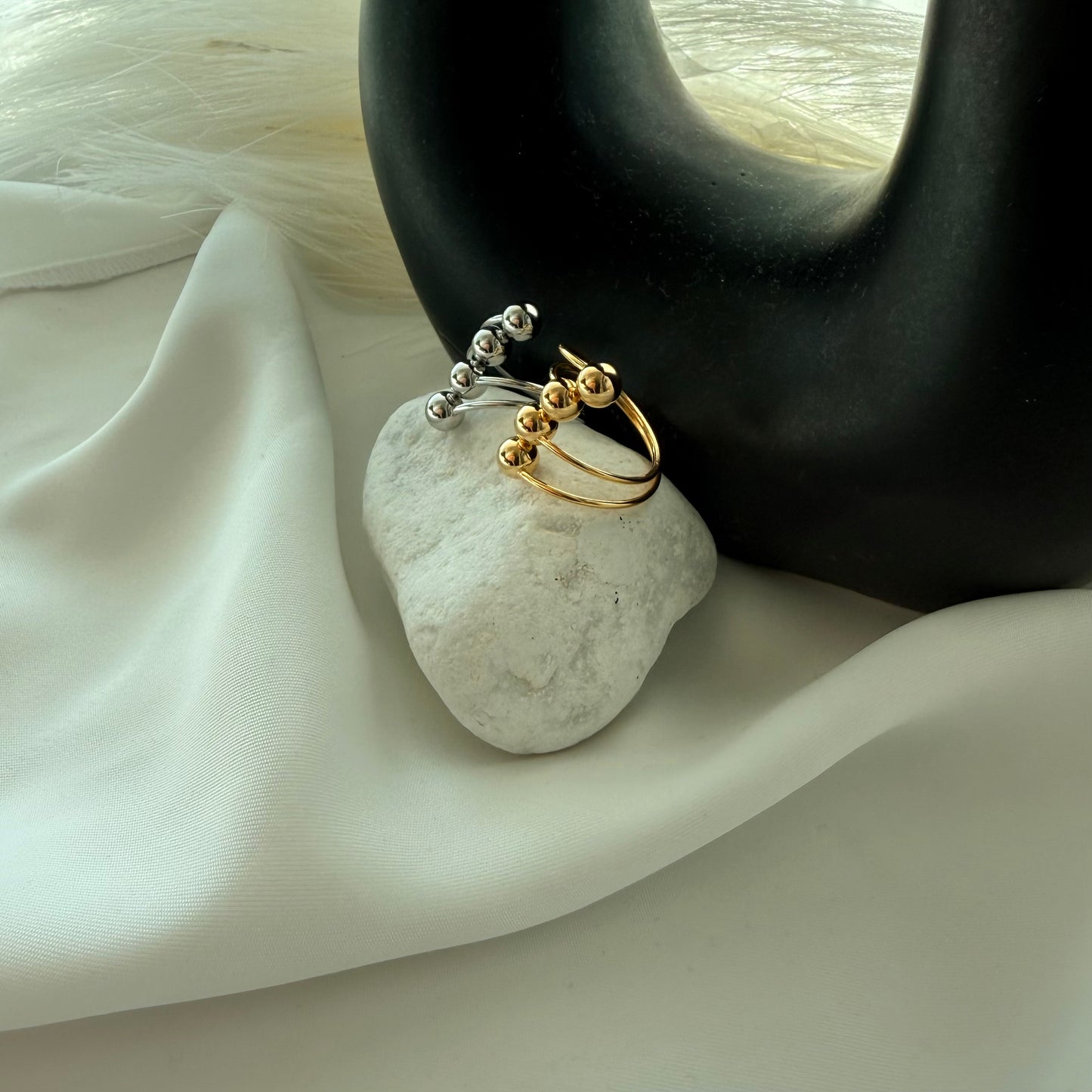 Adjustable Steel Ring with 4 Oblique Balls Silver Plated