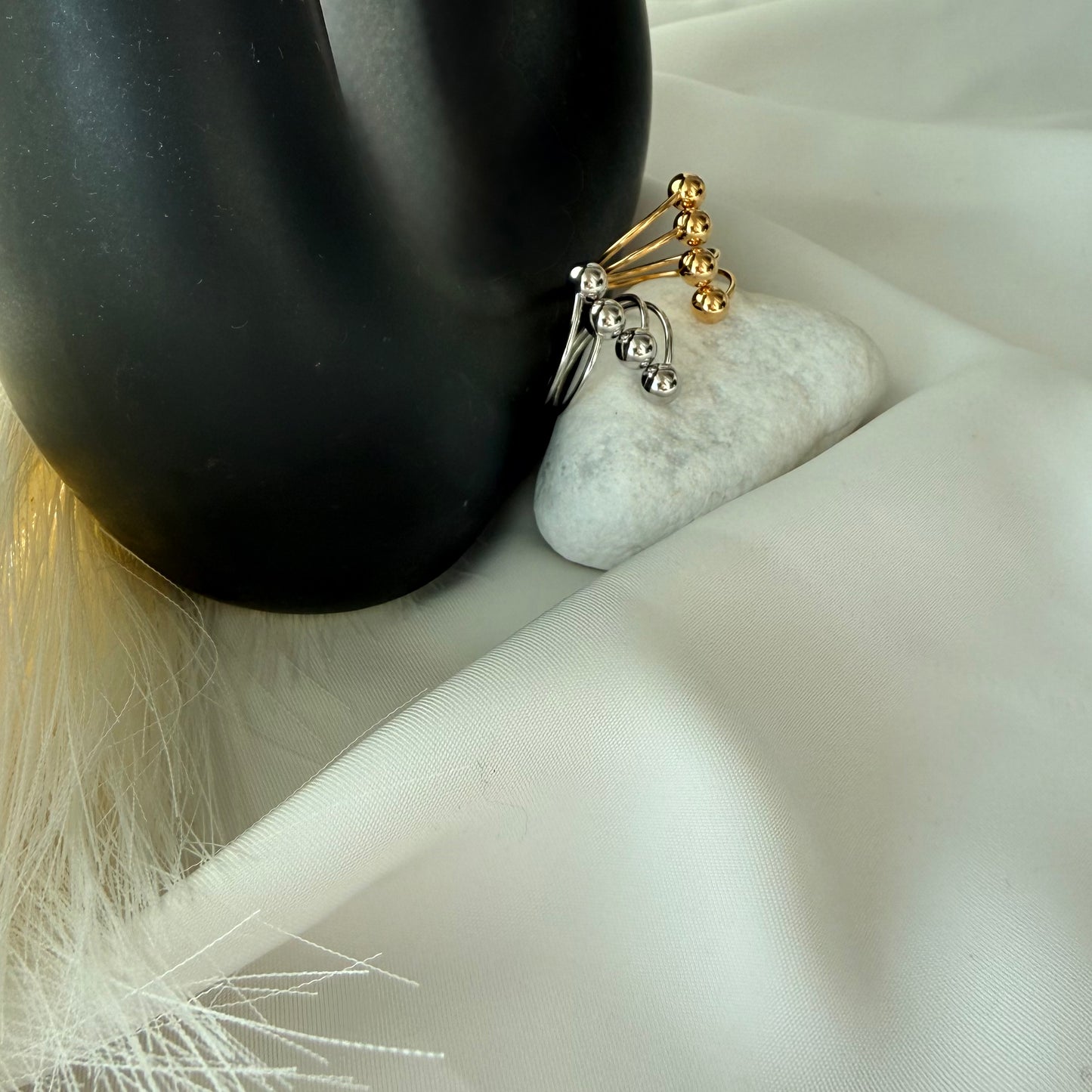 Adjustable Steel Ring with 4 Oblique Balls Silver Plated