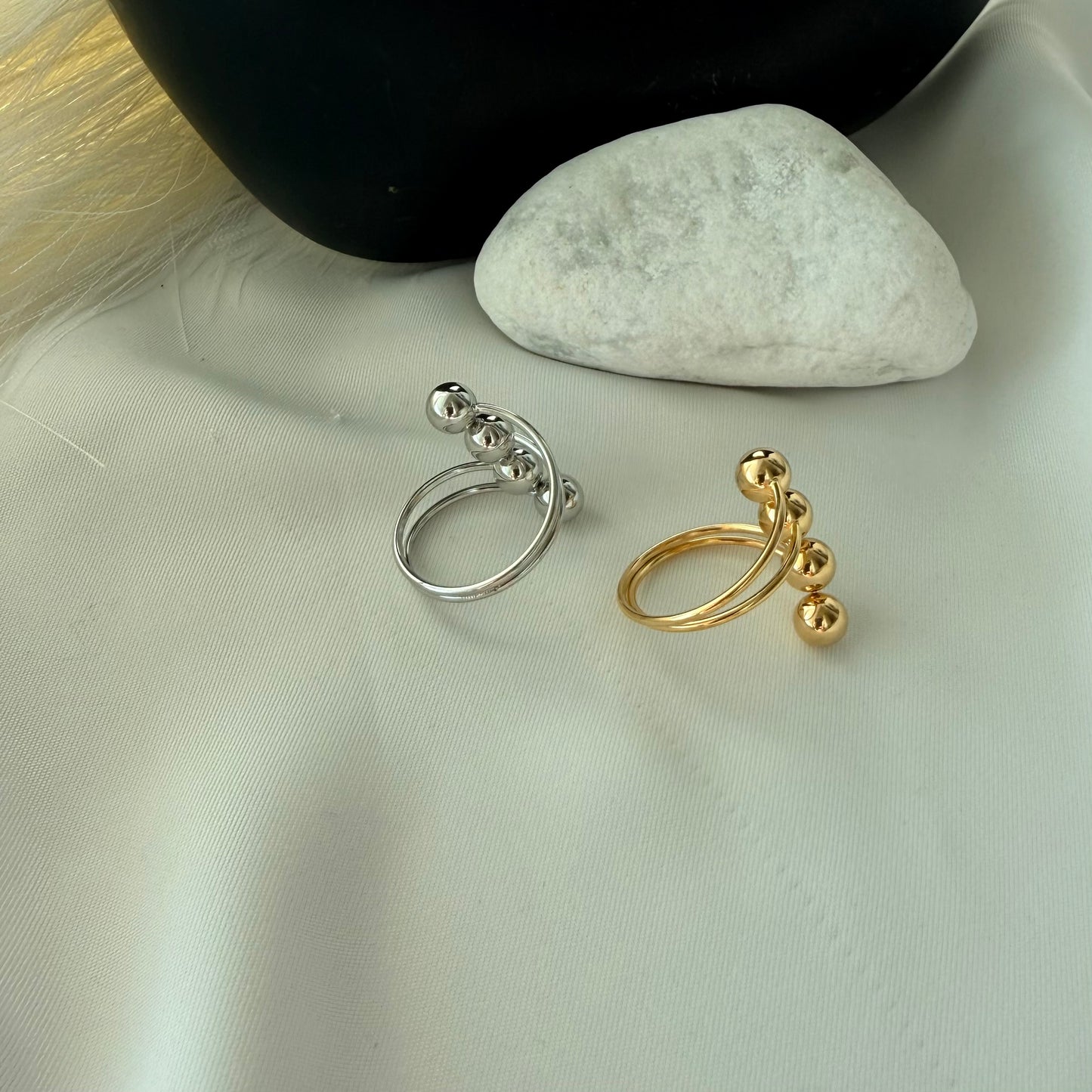 Adjustable Steel Ring with 4 Oblique Balls Silver Plated