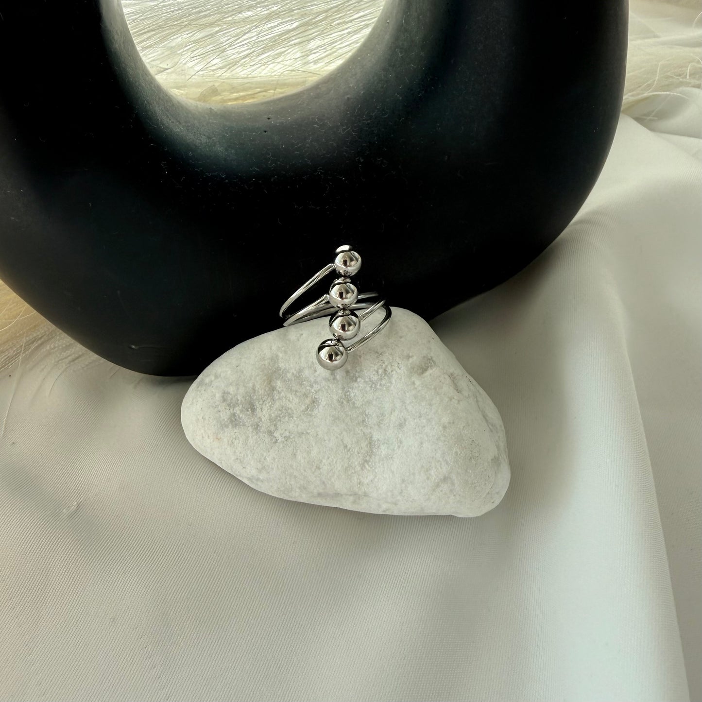 Adjustable Steel Ring with 4 Oblique Balls Silver Plated