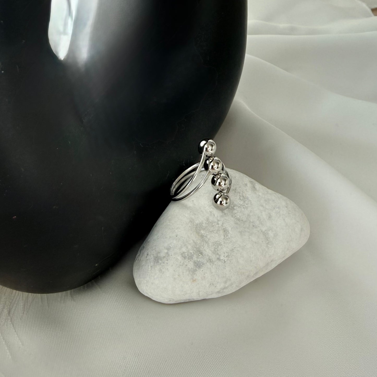 Adjustable Steel Ring with 4 Oblique Balls Silver Plated