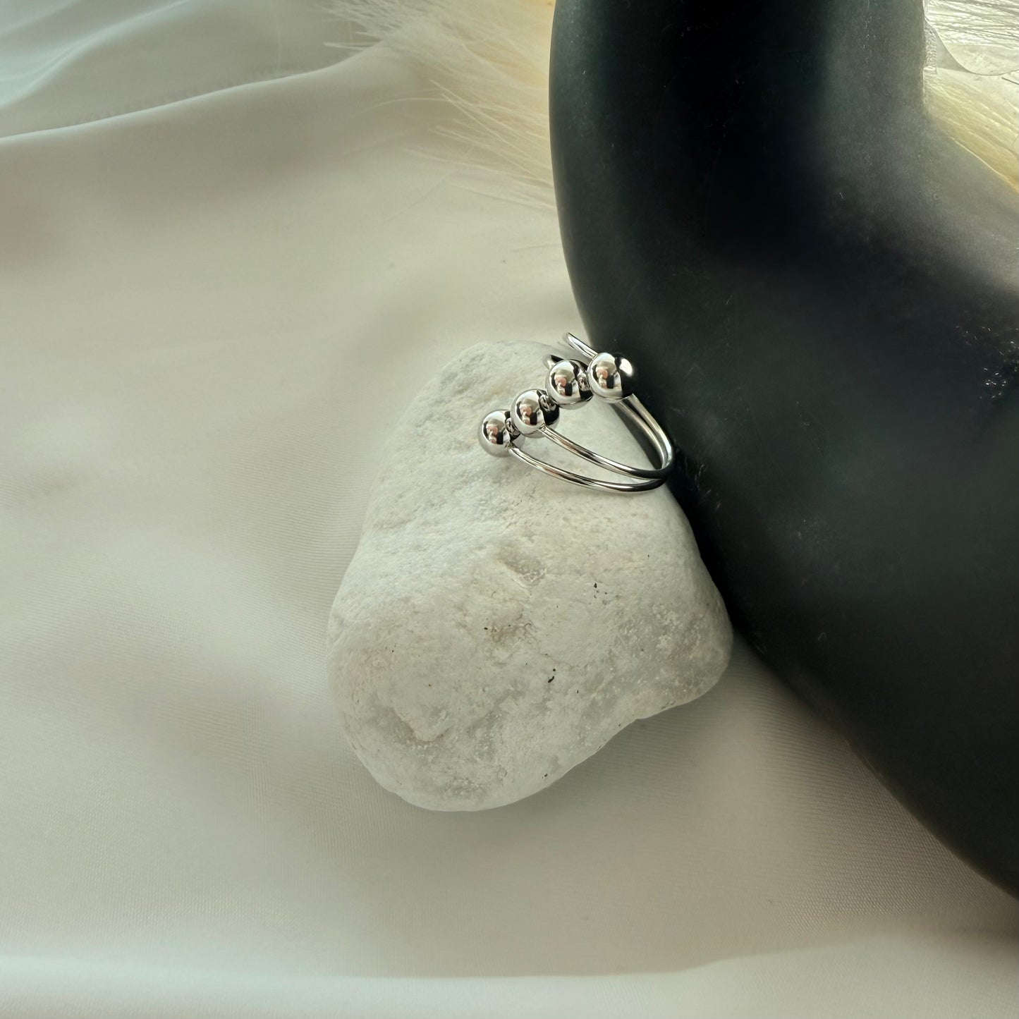 Adjustable Steel Ring with 4 Oblique Balls Silver Plated