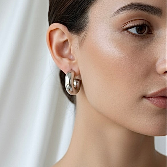 Nickel-free steel curved hoop earrings in silver color