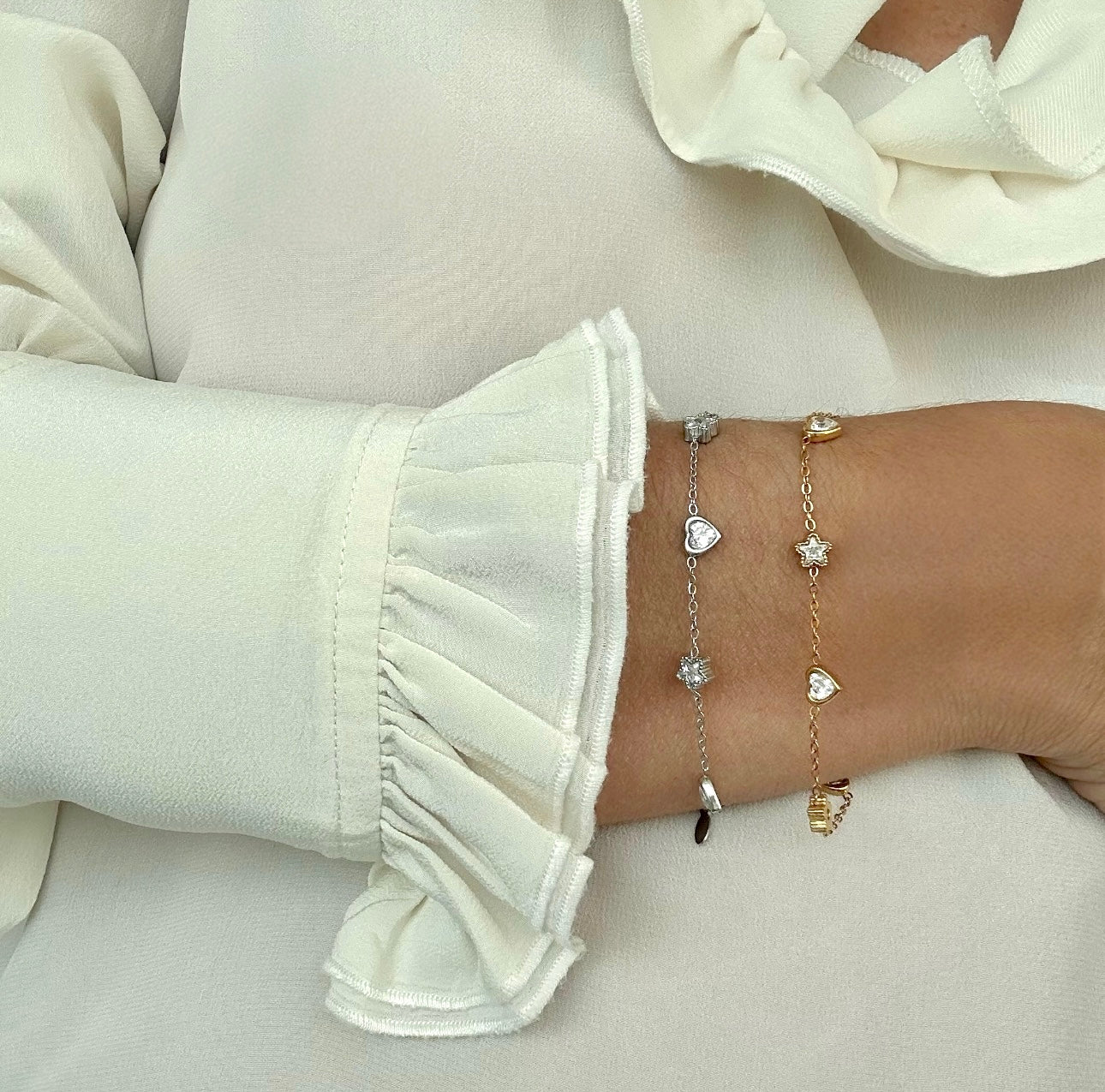 Bracciale "Cuore e Stelle" in acciaio con charms e cristallo