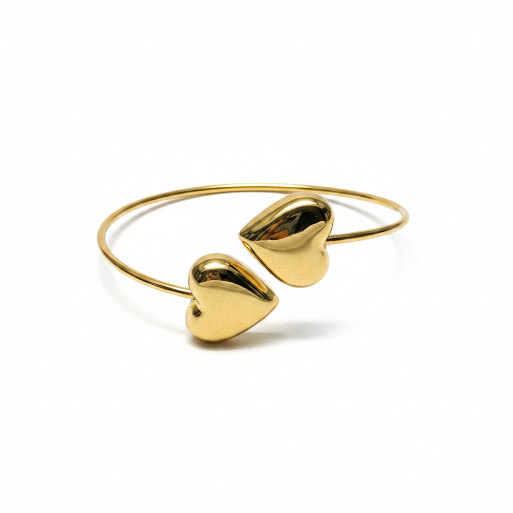 Bracciale rigido con 2 cuori placcati in oro acciaio inossidabile