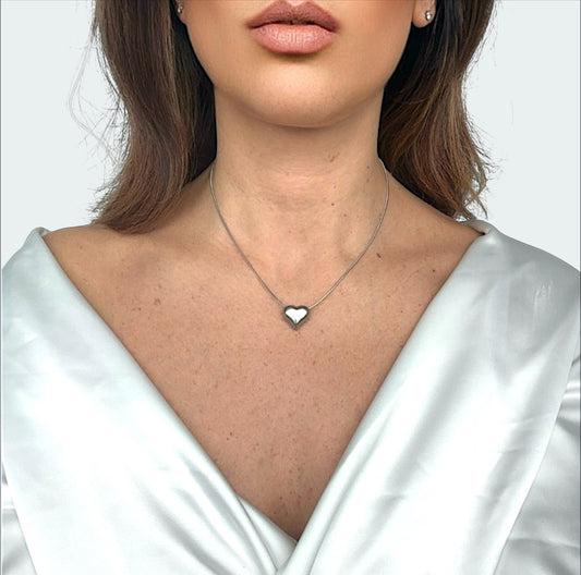 Collana coda di topo con cuoricino in 3 D placcato argento