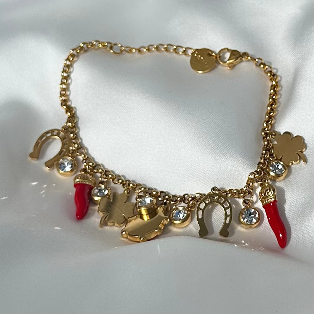 Bracciale portafortuna con charm in acciaio Gold