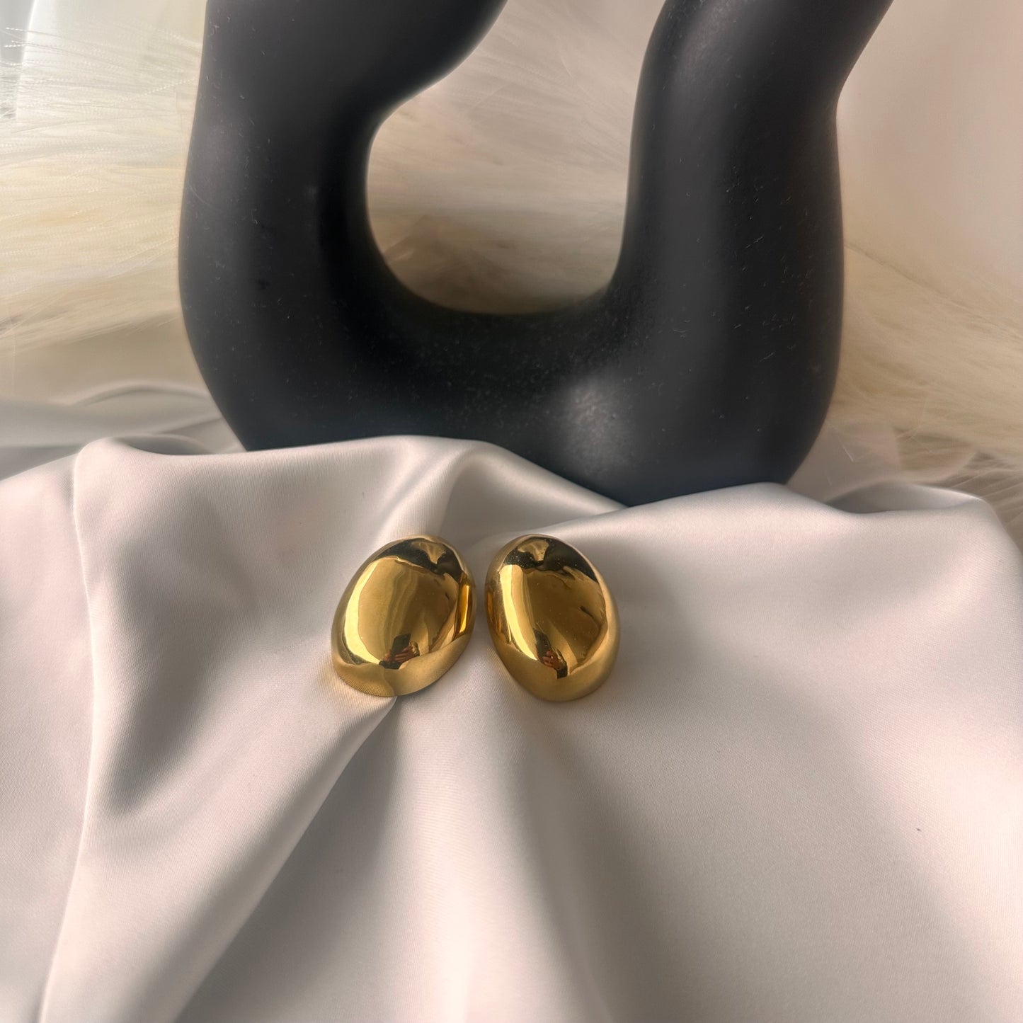 3D Oval Button Earrings Gold Plated Steel Nickel Free