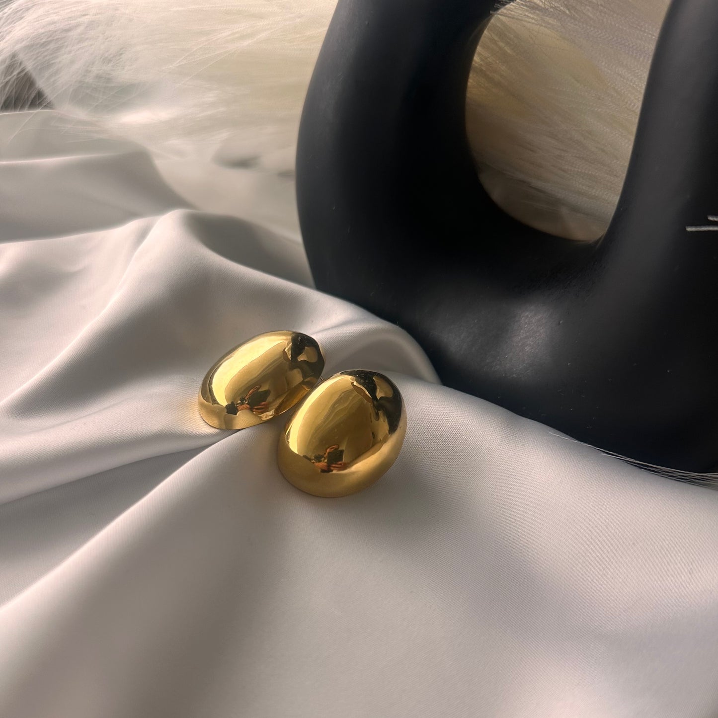 3D Oval Button Earrings Gold Plated Steel Nickel Free