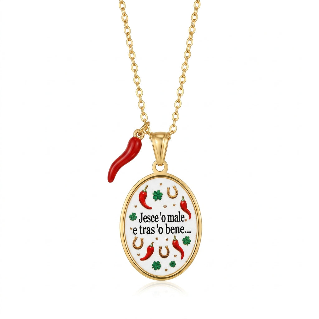 Collana con Ciondolo Ovale "Jesce 'o male e tras 'o bene...