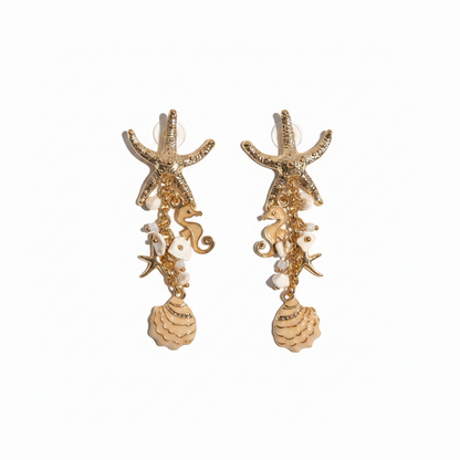 Boucles d'oreilles Hippocampe et Étoile de mer – Inspiration marine. Or