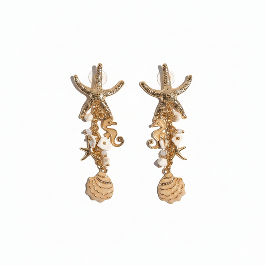 Boucles d'oreilles Hippocampe et Étoile de mer – Inspiration marine. Or