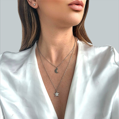 2-Strand Moon and Star Necklace with Silver Plated Glitter