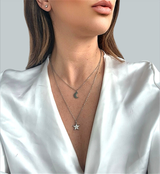 Collana con 2 fili Luna e stella con Brillantini placcato argento