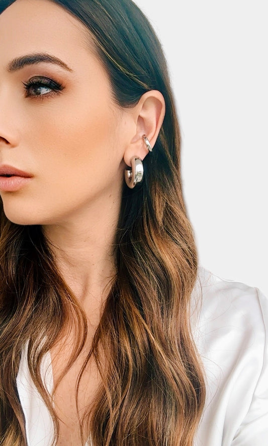 Orecchini Ear Cuff Cerchio 3D in Acciaio - Placcato Argento 20 mm