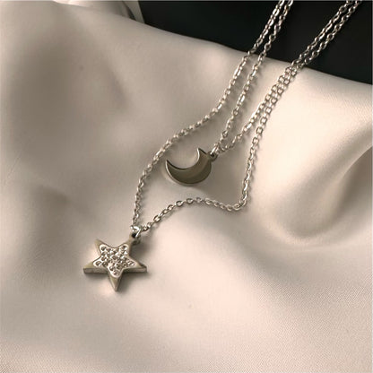 2-Strand Moon and Star Necklace with Silver Plated Glitter