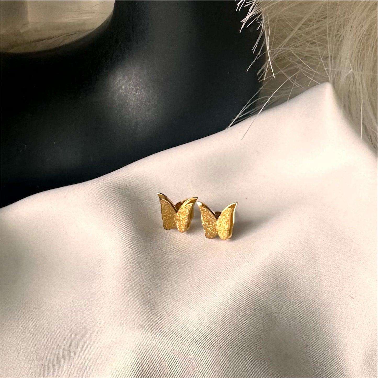 3D Butterfly Earrings Satin and Shiny Gold Plated